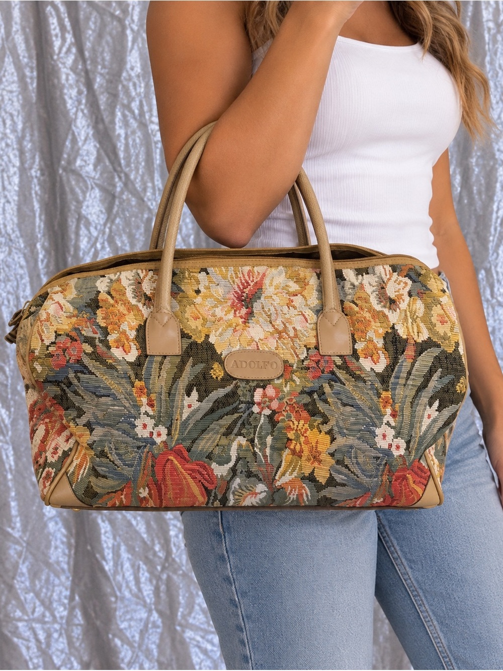 Vintage Adolfo Floral Tapestry Travel Satchel in Mustard and Multicolor